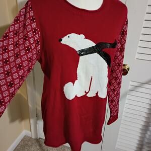 Ugly Christmas Sweater Med Christopher & Banks Red Polar Bear Beaded Scarf